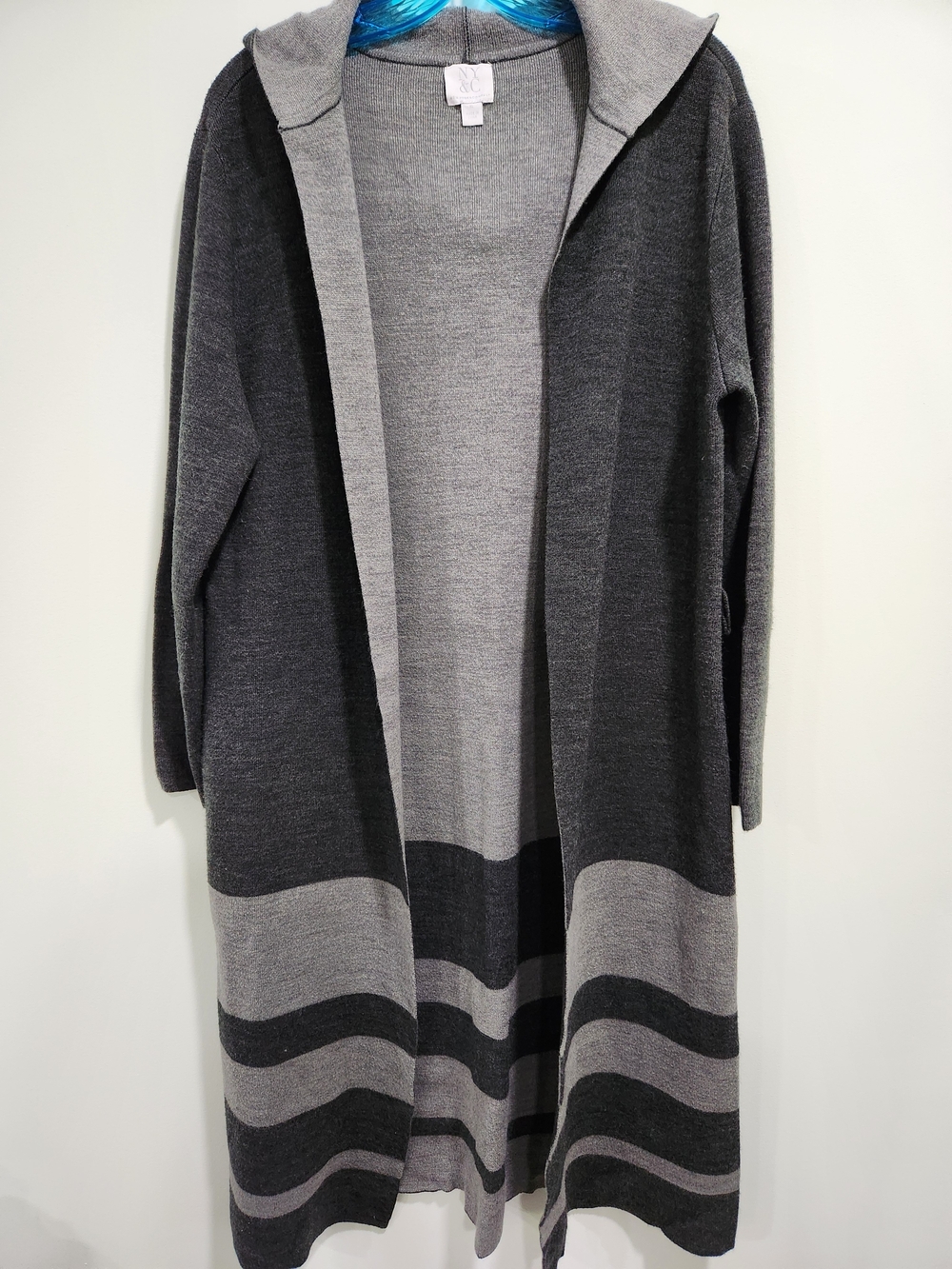 New York & Company Two-Tone Gray Hooded Long Open Cardigan